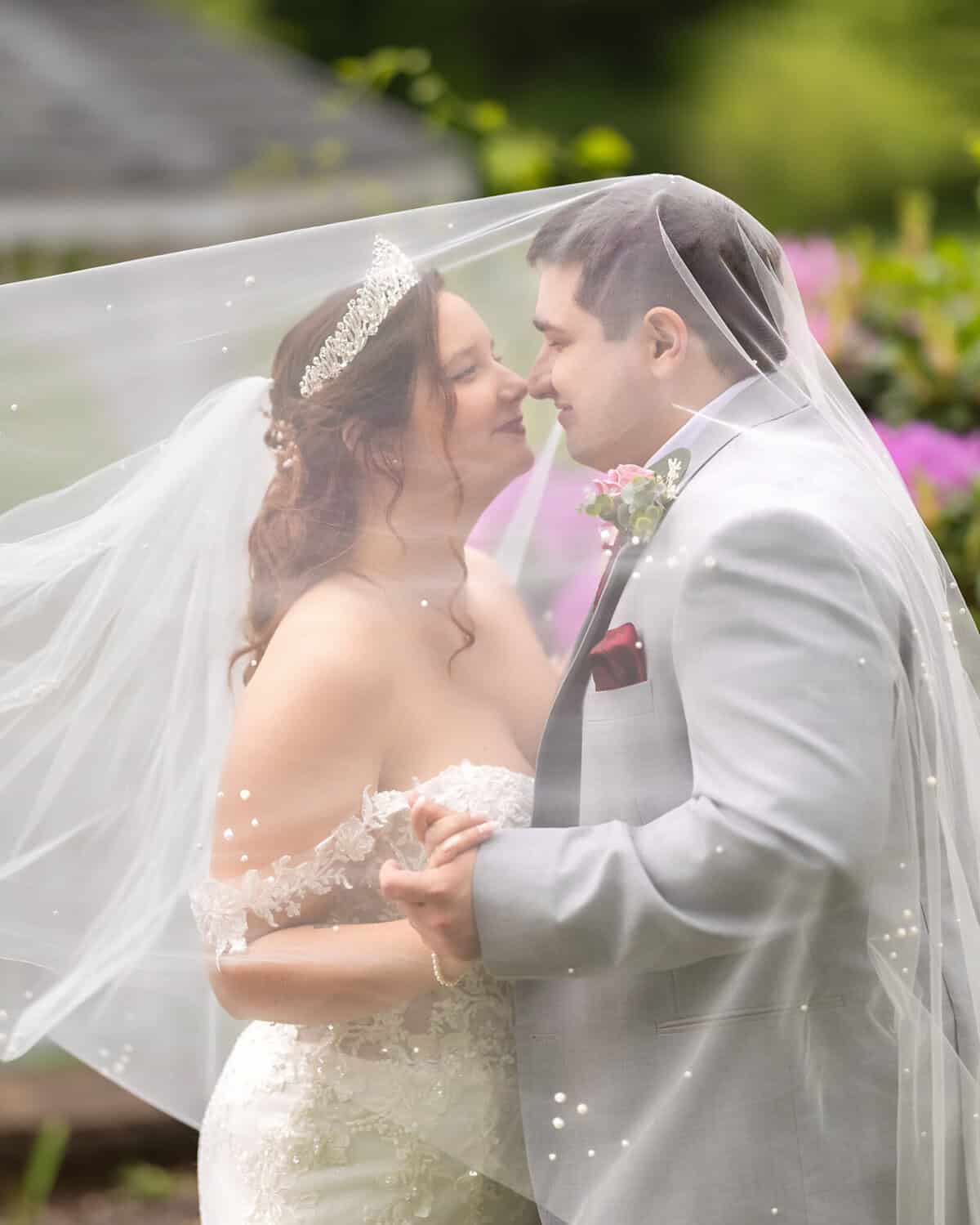Wedding at the Springfield Elks lodge 46 A bride and groom smile and hold hands under a sheer veil outdoors at their Springfield wedding; she wears a tiara, he a light gray suit, both radiant near the Elks Lodge.