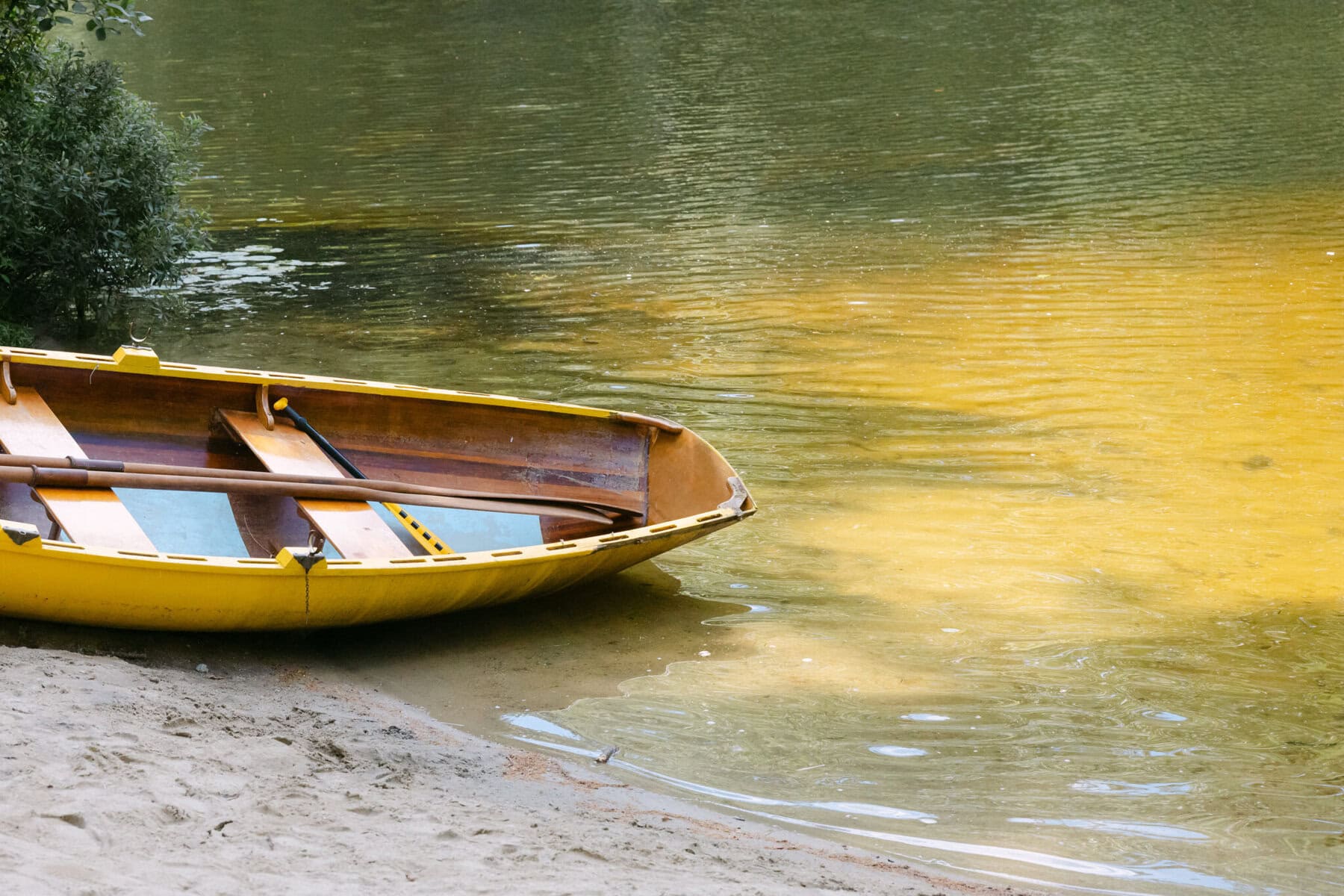 A Worcester Wedding at Cook Pond 5 A yellow rowboat rests on the sandy shore of Cook Pond, its calm waters reflecting trees—a tranquil Worcester Wedding setting.